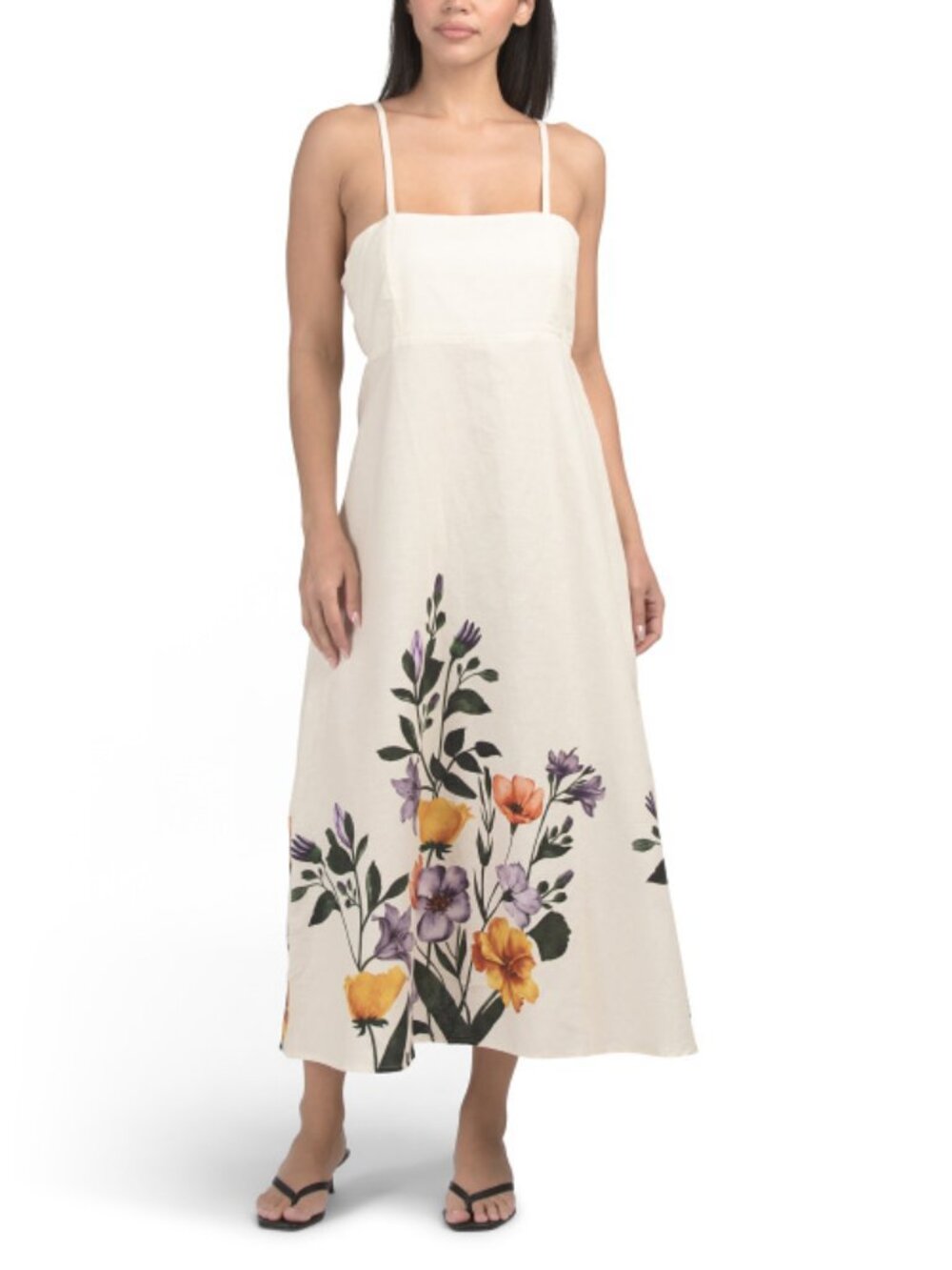 TERZO MILLENNIO Made In Italy Linen Blend Printed Maxi Dress With Spaghetti Stra